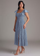 Azazie Bondi Dusty Blue A-Line Ruched Floral Burnout Dress dusty_blue