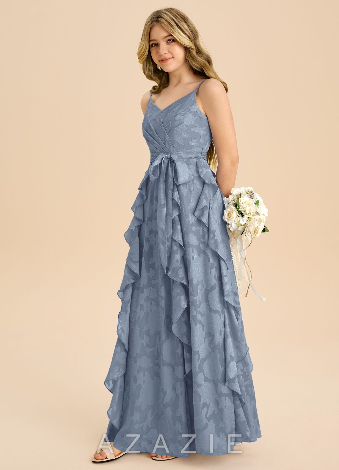 Azazie Peyton Junior Dusty Blue A-Line Pleated Floral Burnout Dress dusty_blue