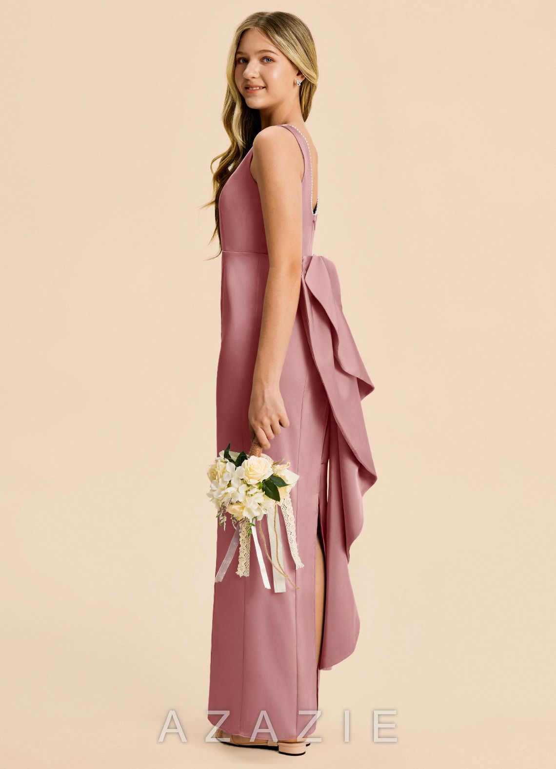 Azazie Emi Junior Dusty Rose Sheath Bow Stretch Satin Dress dusty_rose