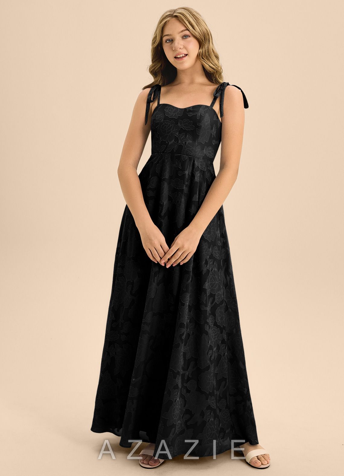Azazie Rosey Junior Black A-Line Sweetheart Neckline Floral Burnout Dress black