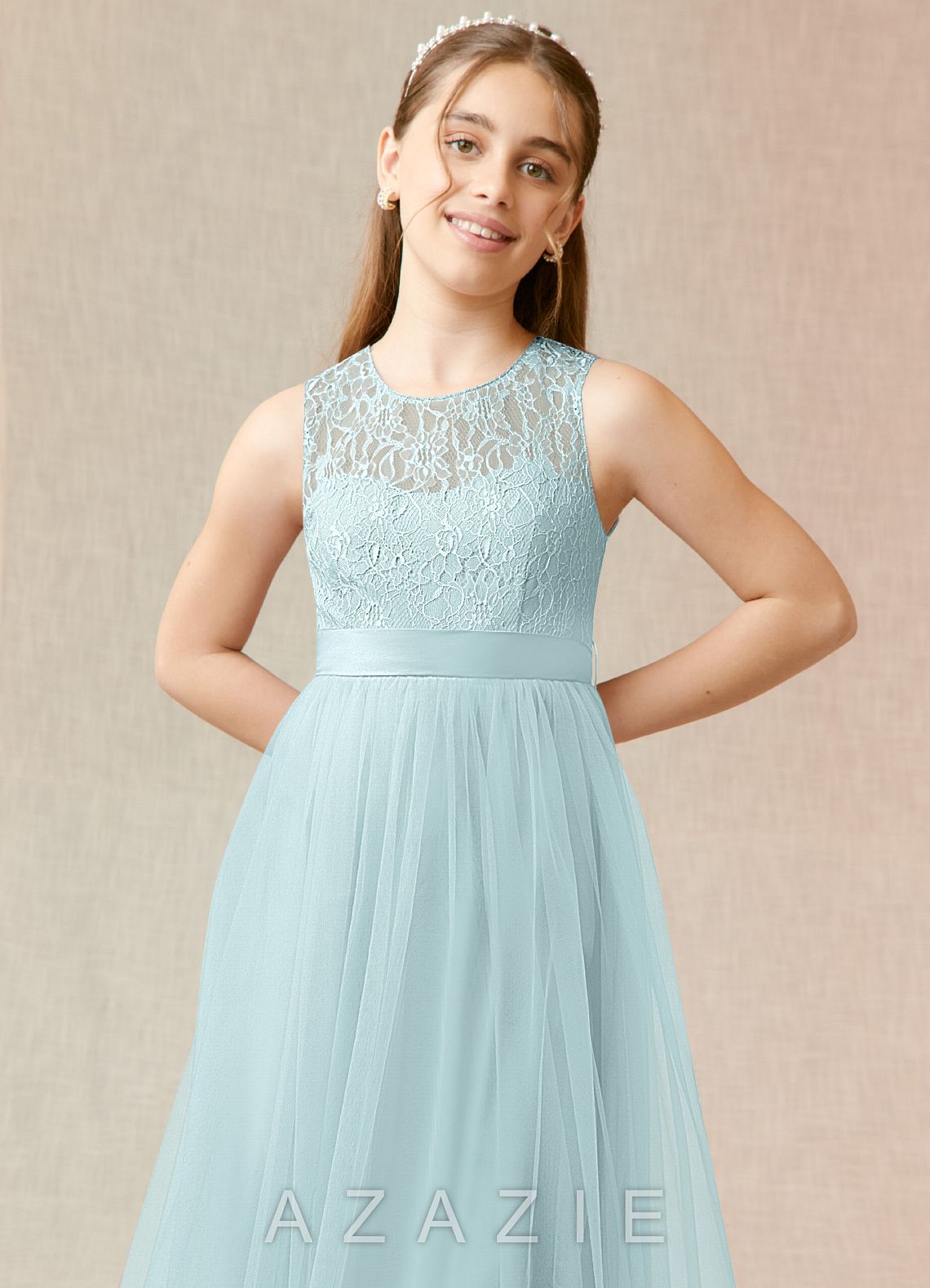 Azazie Georgette Junior Mist A-Line Lace Tulle Dress mist