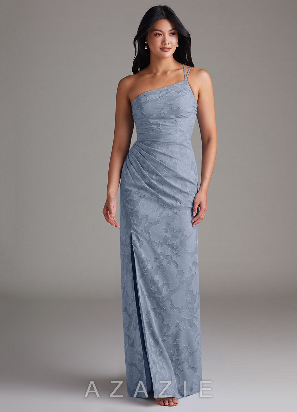 Azazie Eren Dusty Blue Sheath One Shoulder Floral Burnout Dress dusty_blue