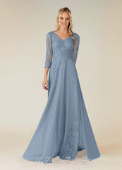 Azazie Noella Dusty Blue A-Line V-Neck Lace Chiffon Dress