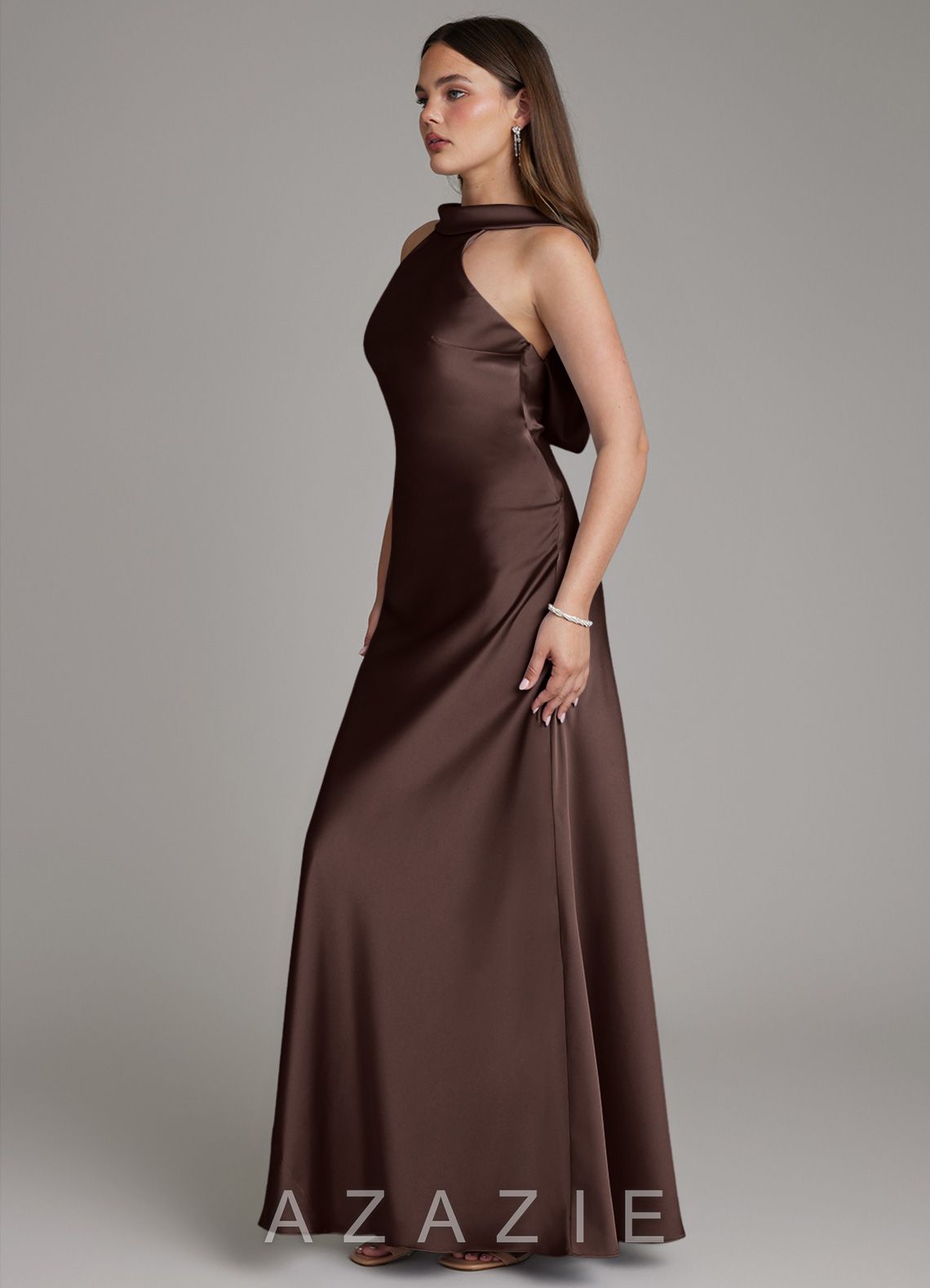 Azazie Dimitra Ganache Sheath Pleated Stretch Satin Dress ganache