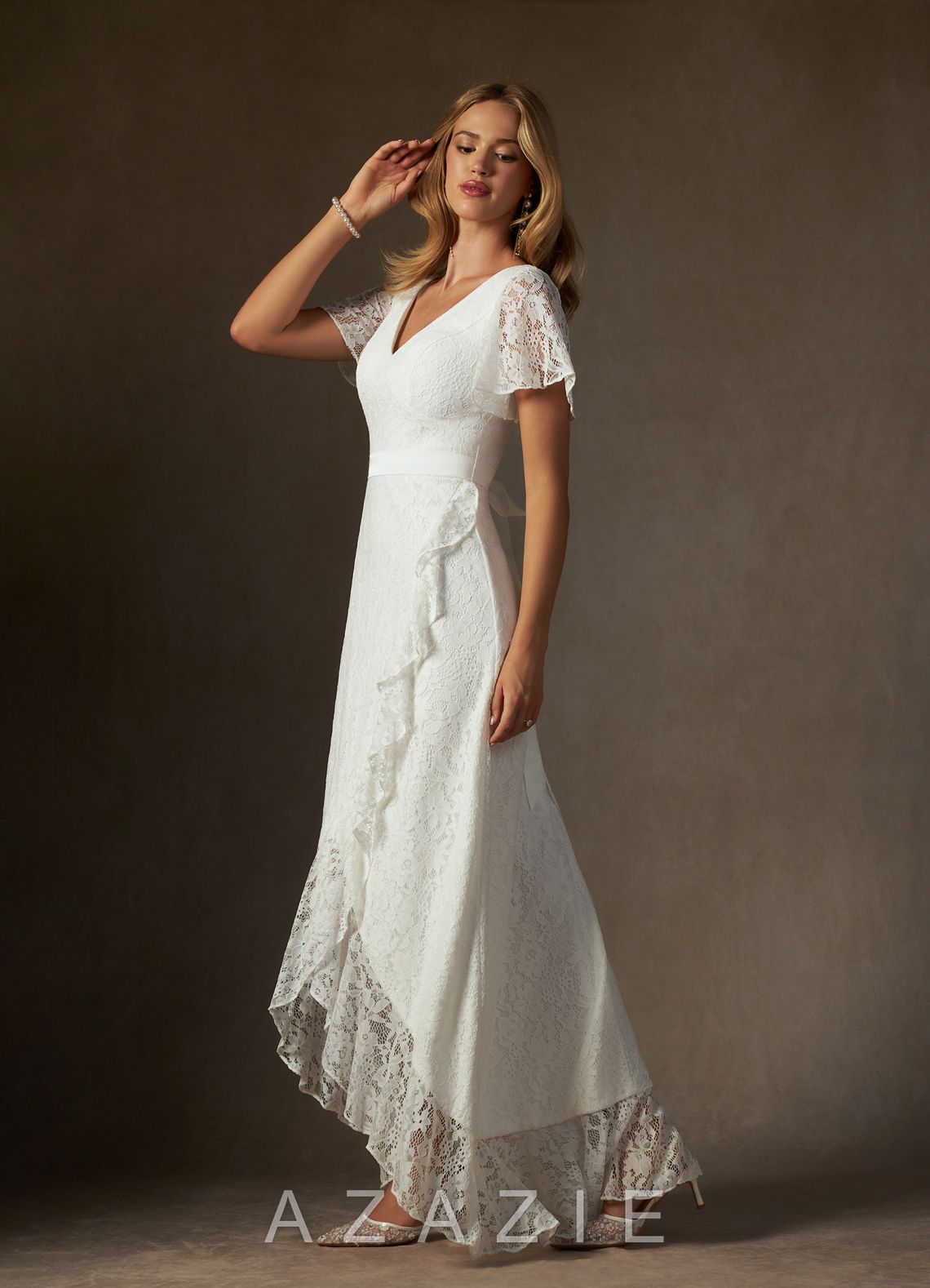 Azazie Lanei Wedding Dress Diamond White A-Line V-Neck Lace Dress diamond_white