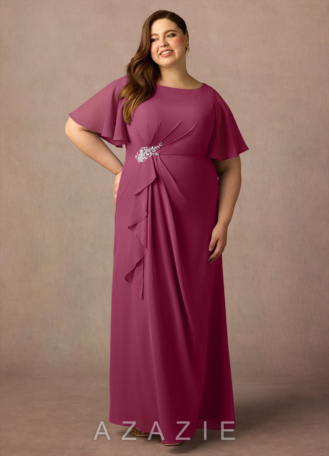 Azazie Rain Mulberry Sheath Beaded Chiffon Dress mulberry