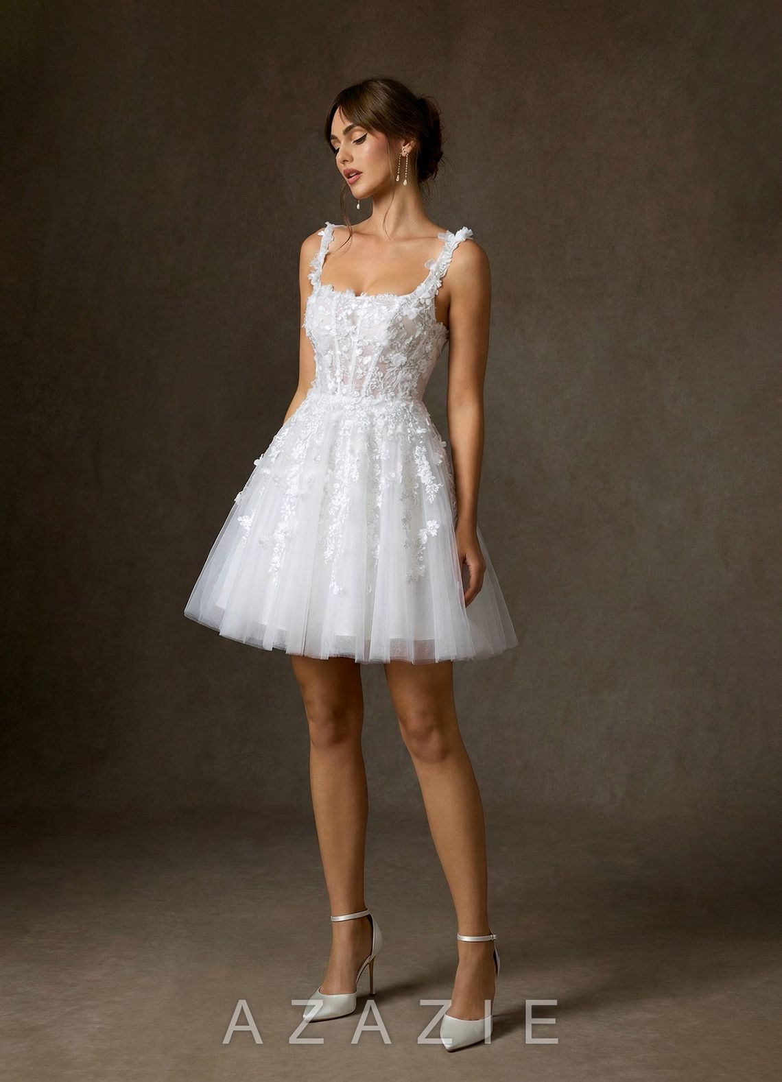 Azazie Sabine Diamond White A-Line Square Neckline Lace Dress diamond_white