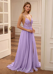 Lolanthe Purple V-neck Floral Embroidery Lace Prom Dress