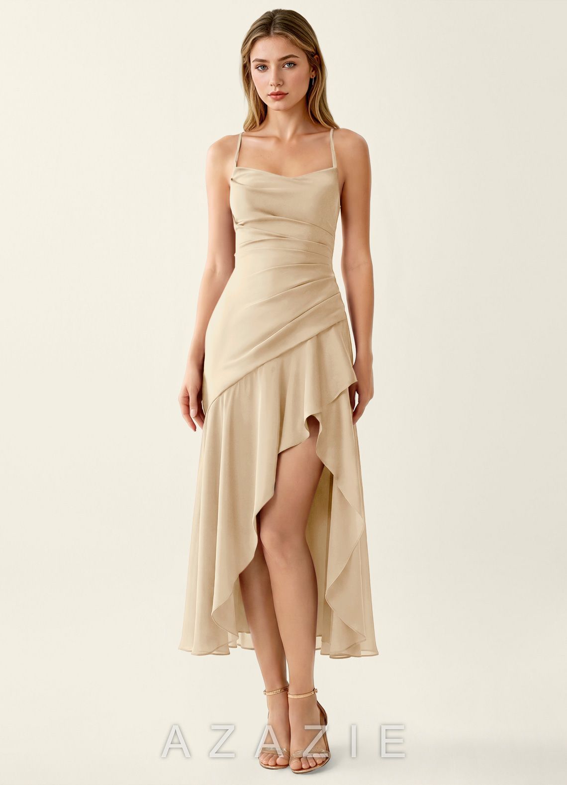 Heloise Champagne Satin Lace Up Back Summer Midi Dress