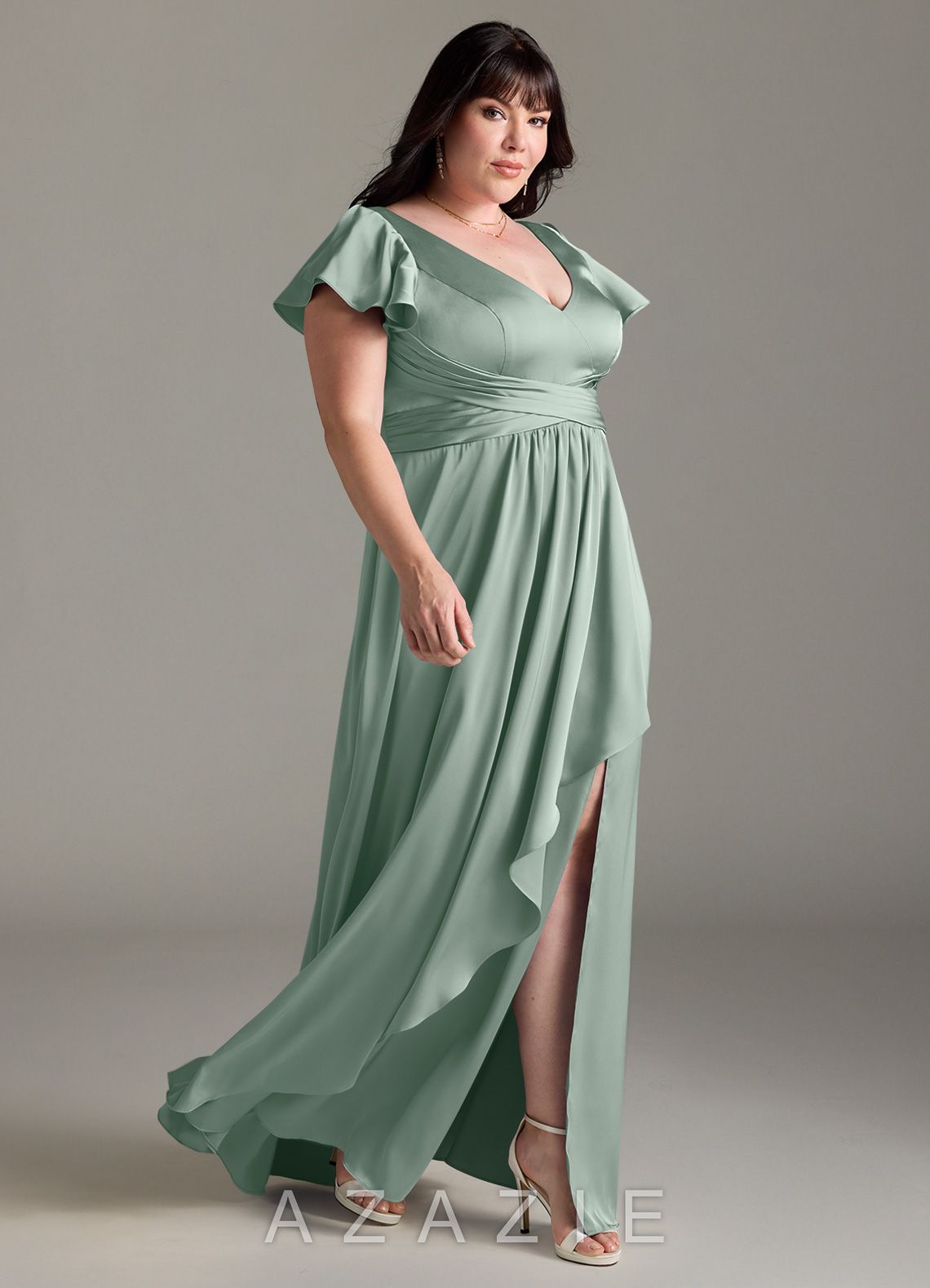Azazie Omari Agave A-Line Stretch Satin Dress agave