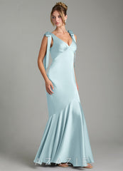 Azazie Alena Cloud Blue Mermaid Pleated Stretch Satin Dress cloud_blue