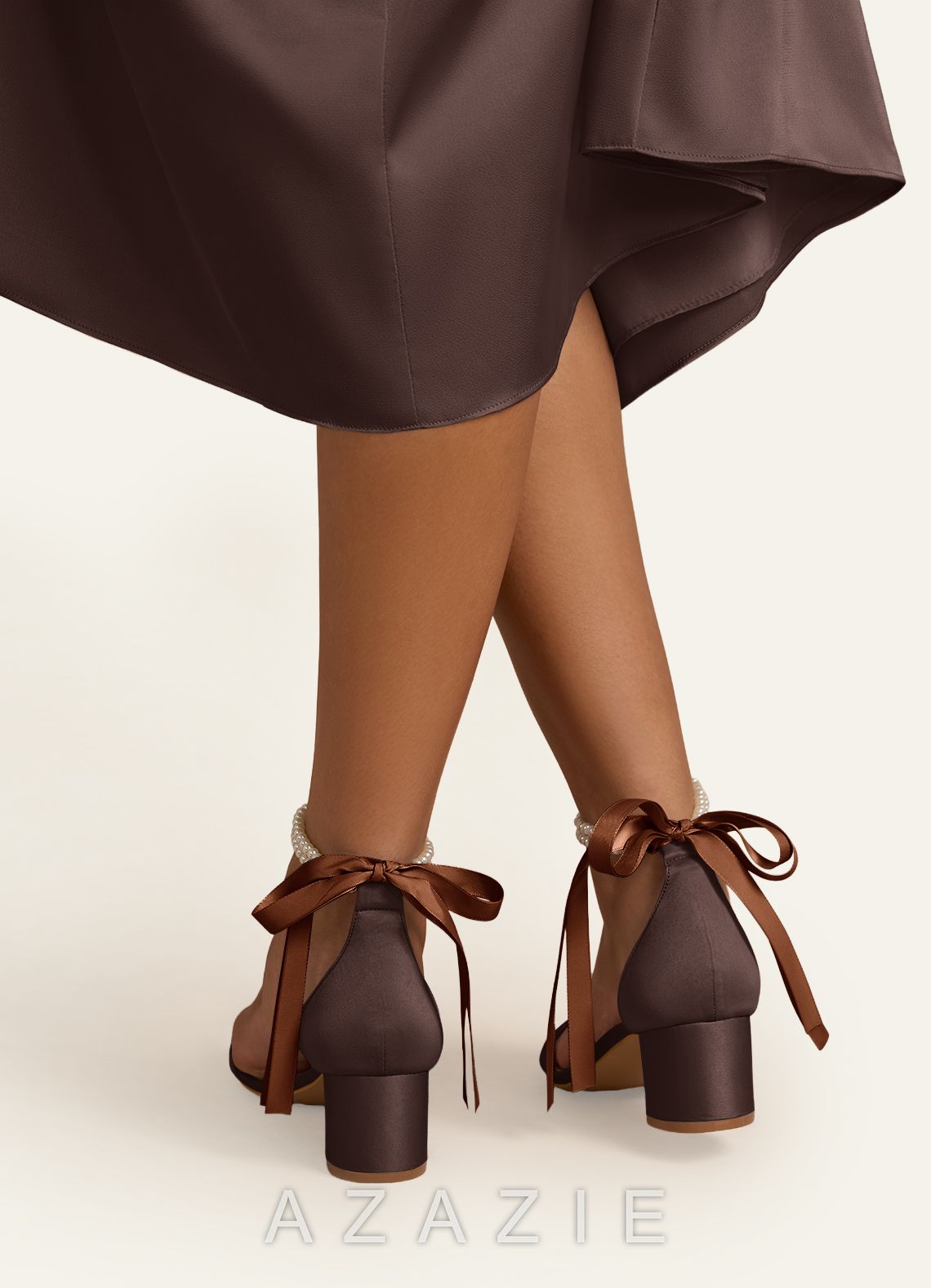 Matching Color Matte Satin Pearl and Bow Open Toe Chunky Heel Sandals