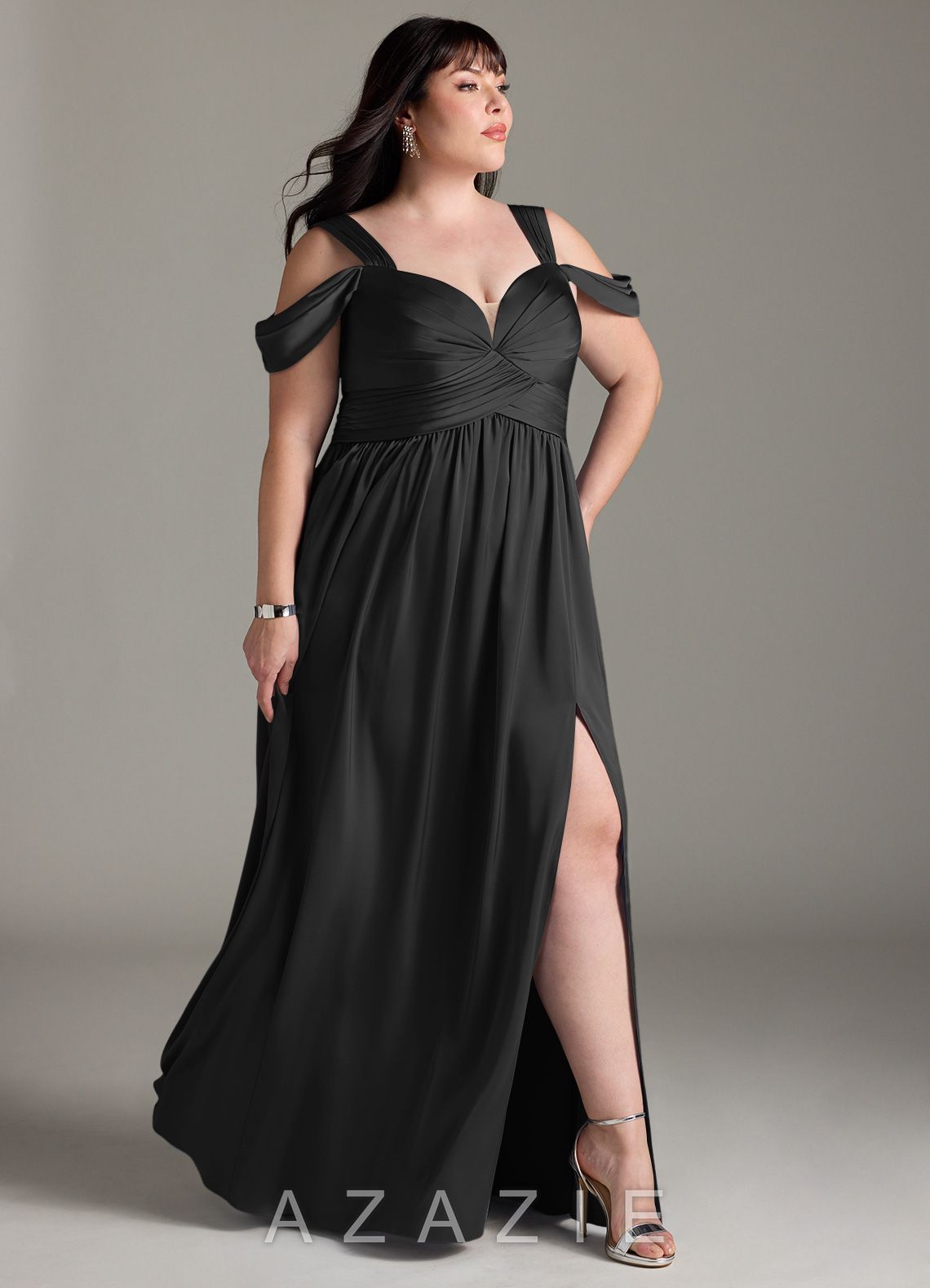 Azazie Lianne Black A-Line Off the Shoulder Stretch Satin Dress black