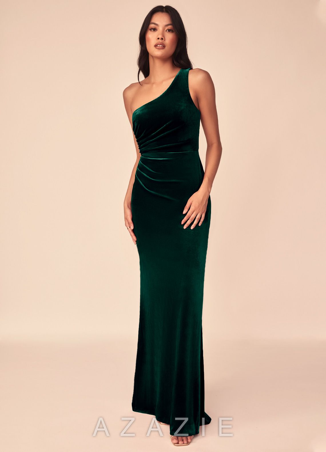 Azazie Argan Emerald Mermaid One Shoulder Pleated Velvet Dress emerald
