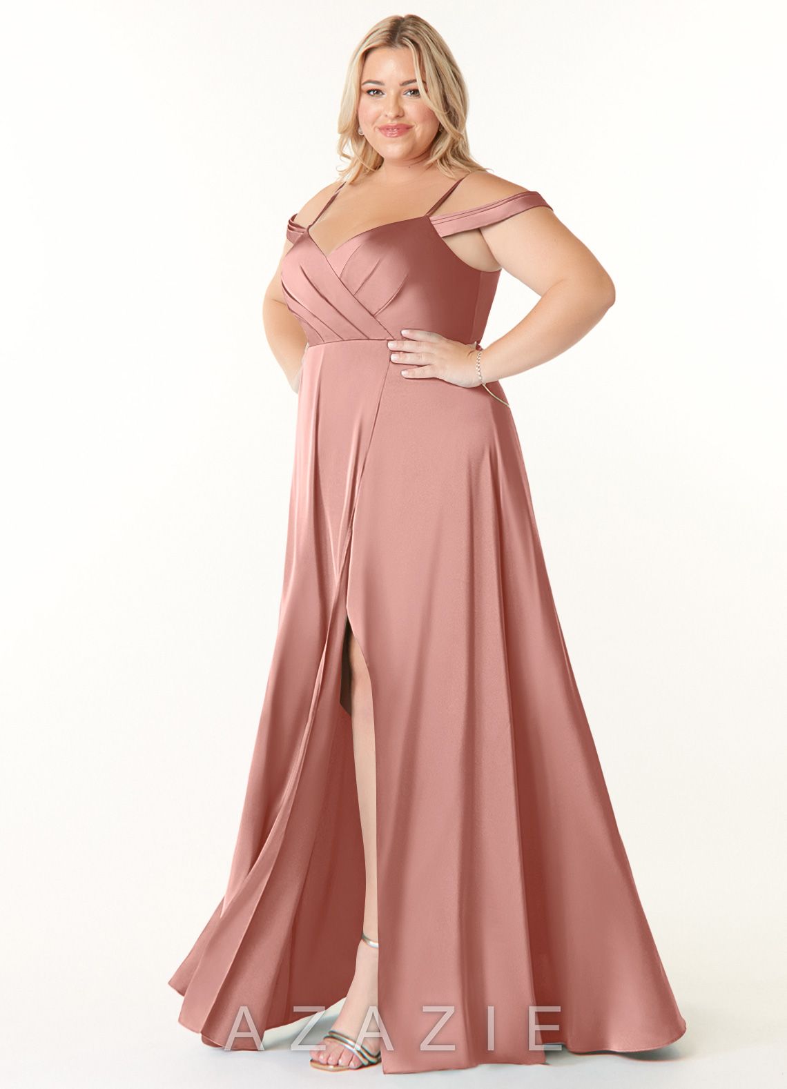 Azazie Ocean Rosette A-Line V-Neck Pleated Stretch Satin Dress rosette