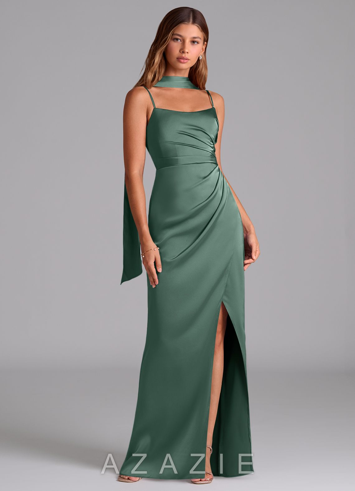Azazie Calandra Eucalyptus Sheath Pleated Stretch Satin Dress eucalyptus