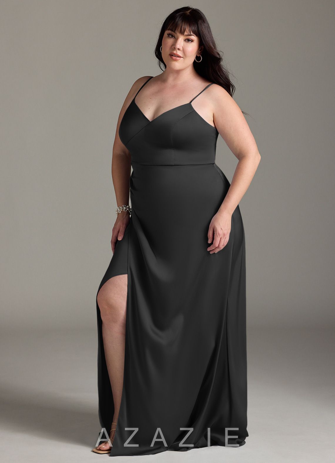 Azazie Marchella Black A-Line Corset Stretch Satin Dress black