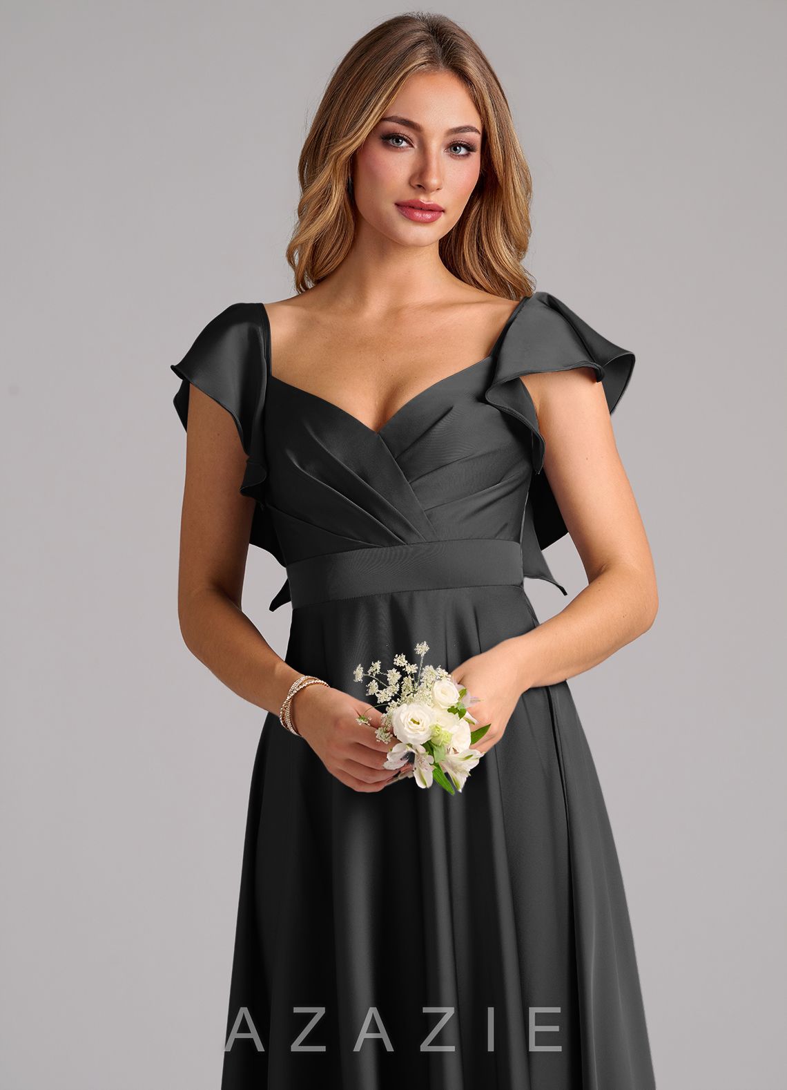 Azazie Leilani Black A-Line Ruched Stretch Satin Dress black