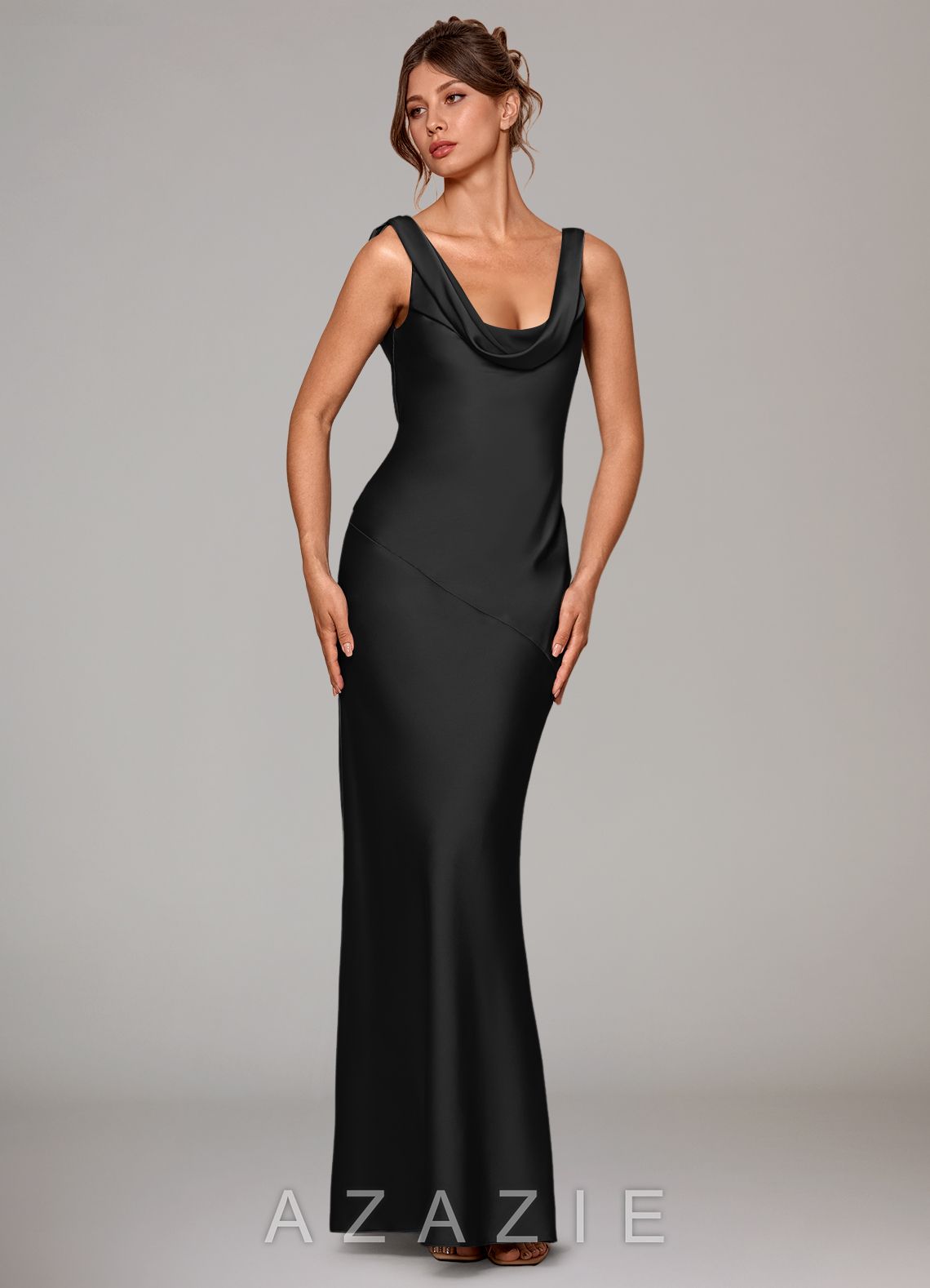 Azazie Rylina Black Mermaid Stretch Satin Dress black