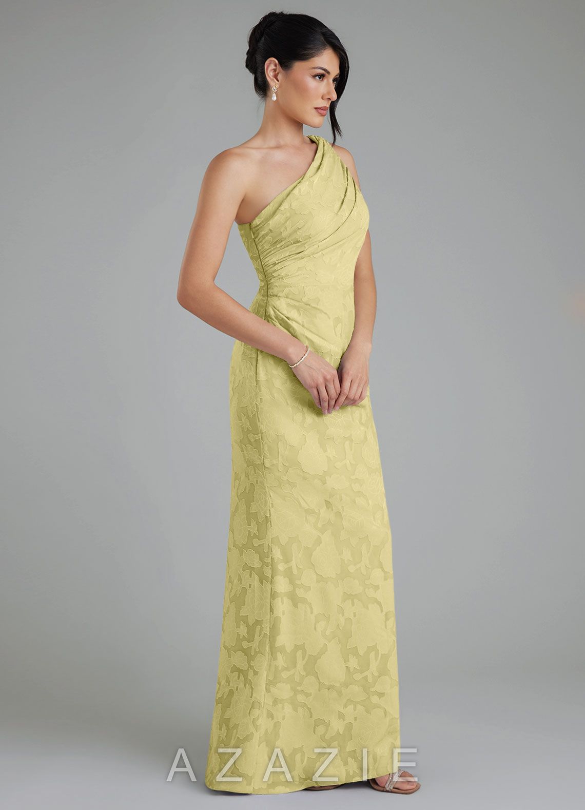 Azazie Akilah Lemon Sorbet Mermaid One Shoulder Floral Burnout Dress lemon_sorbet
