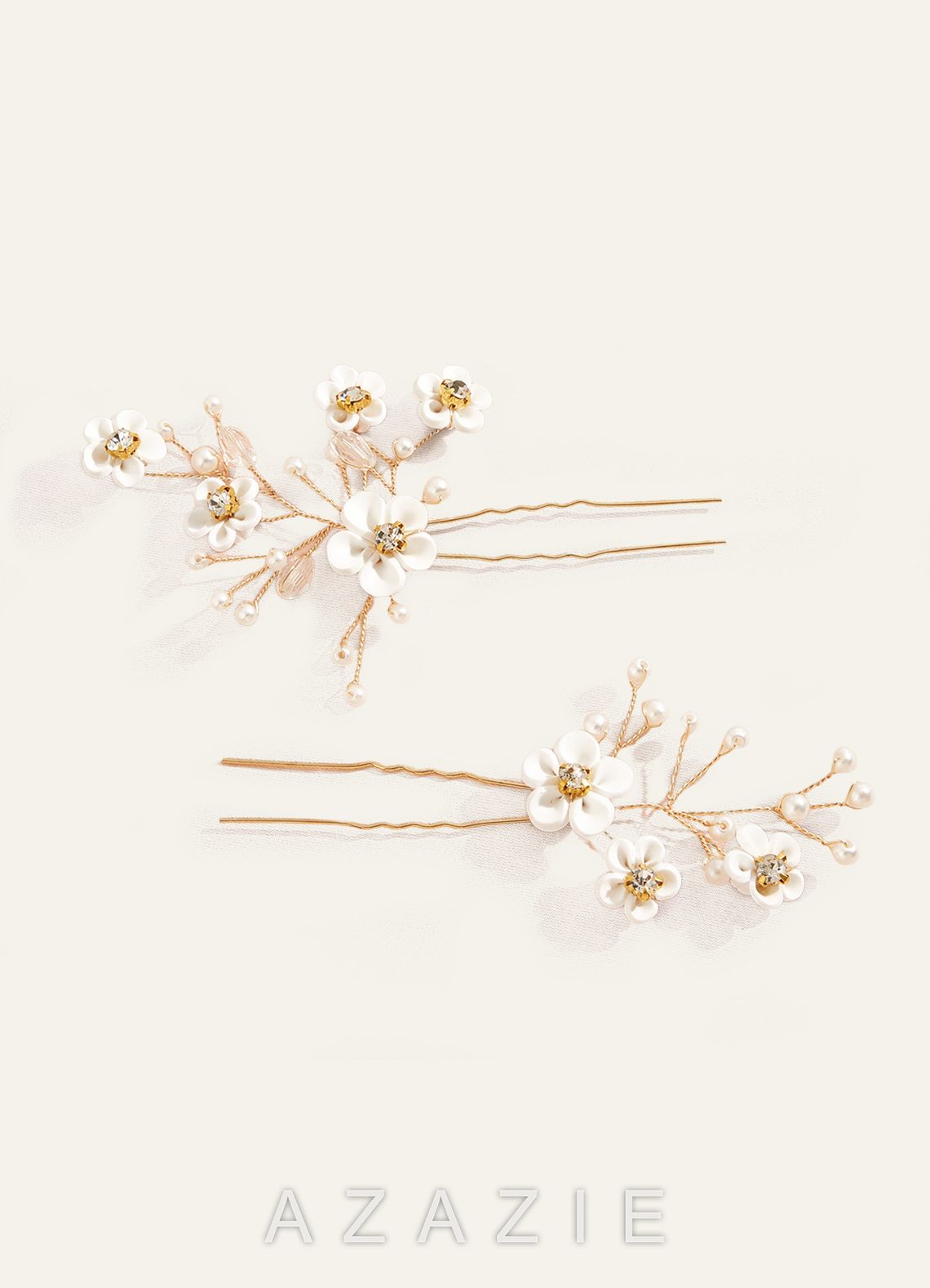 White Flower U-Shaped Hairpin Set  gold