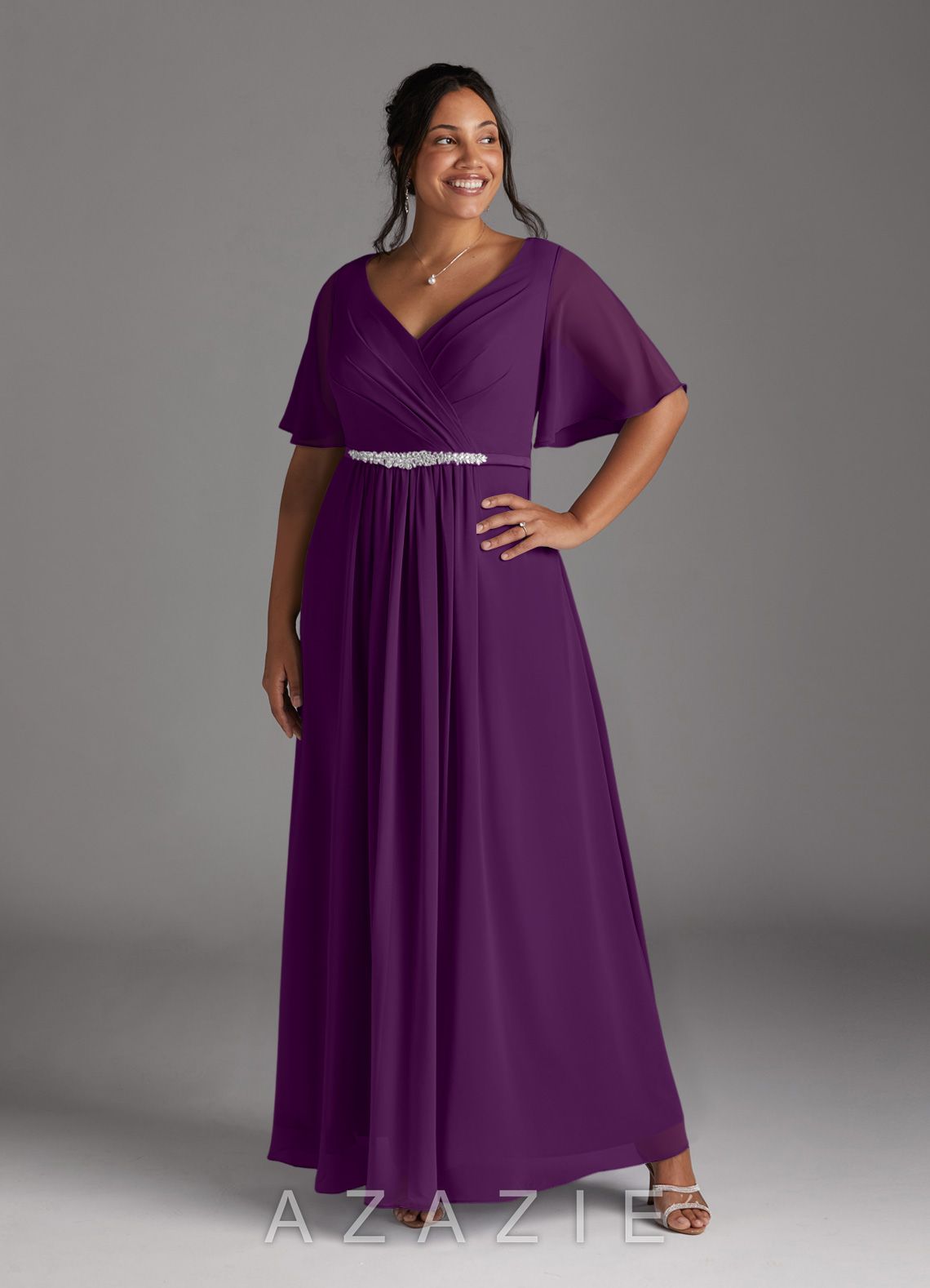 Azazie Tricia Grape A-Line V-Neck Pleated Chiffon Dress grape