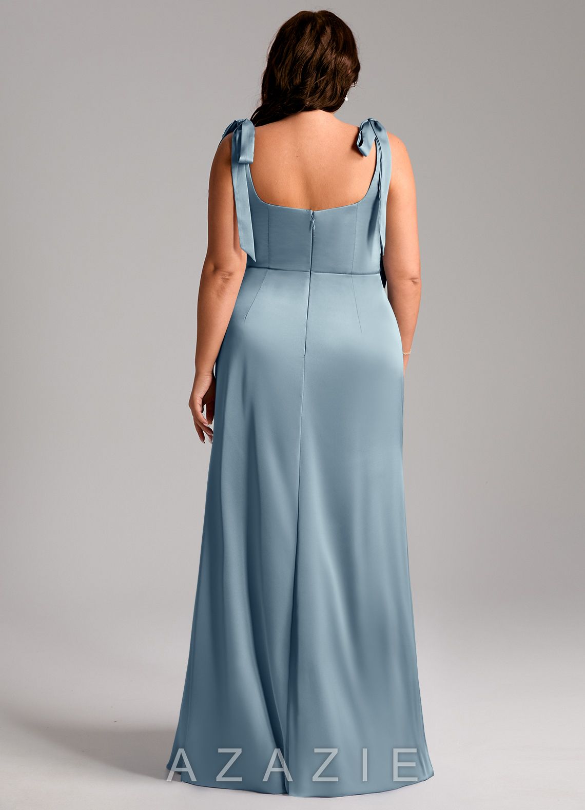 Azazie Frostine Dusty Blue A-Line Bow Stretch Satin Dress dusty_blue
