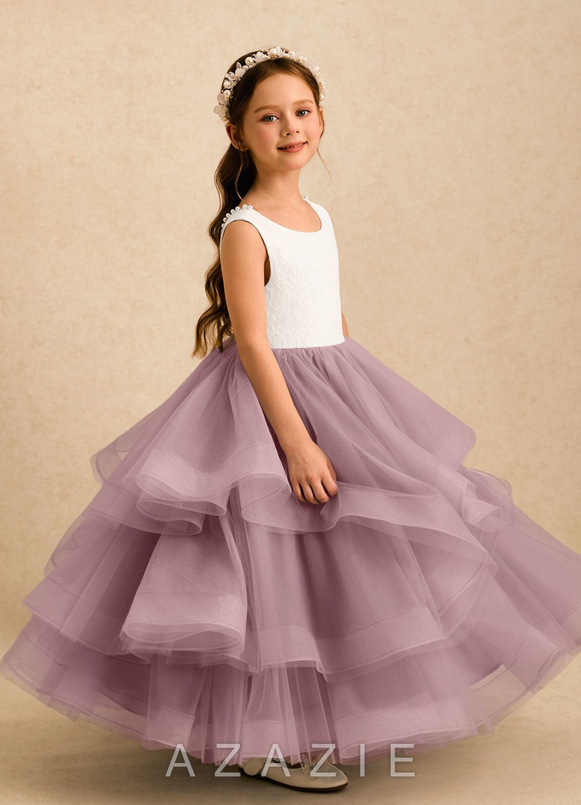 Azazie Madison Ivory Dusty Rose Ball-Gown Lace Tulle Dress ivory/dusty_rose