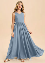 Azazie Hathaway Junior Dusty Blue A-Line Bow Chiffon Dress dusty_blue