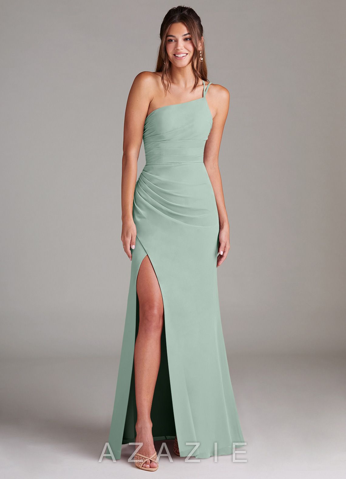Azazie Eren Agave Sheath One Shoulder Chiffon Dress agave