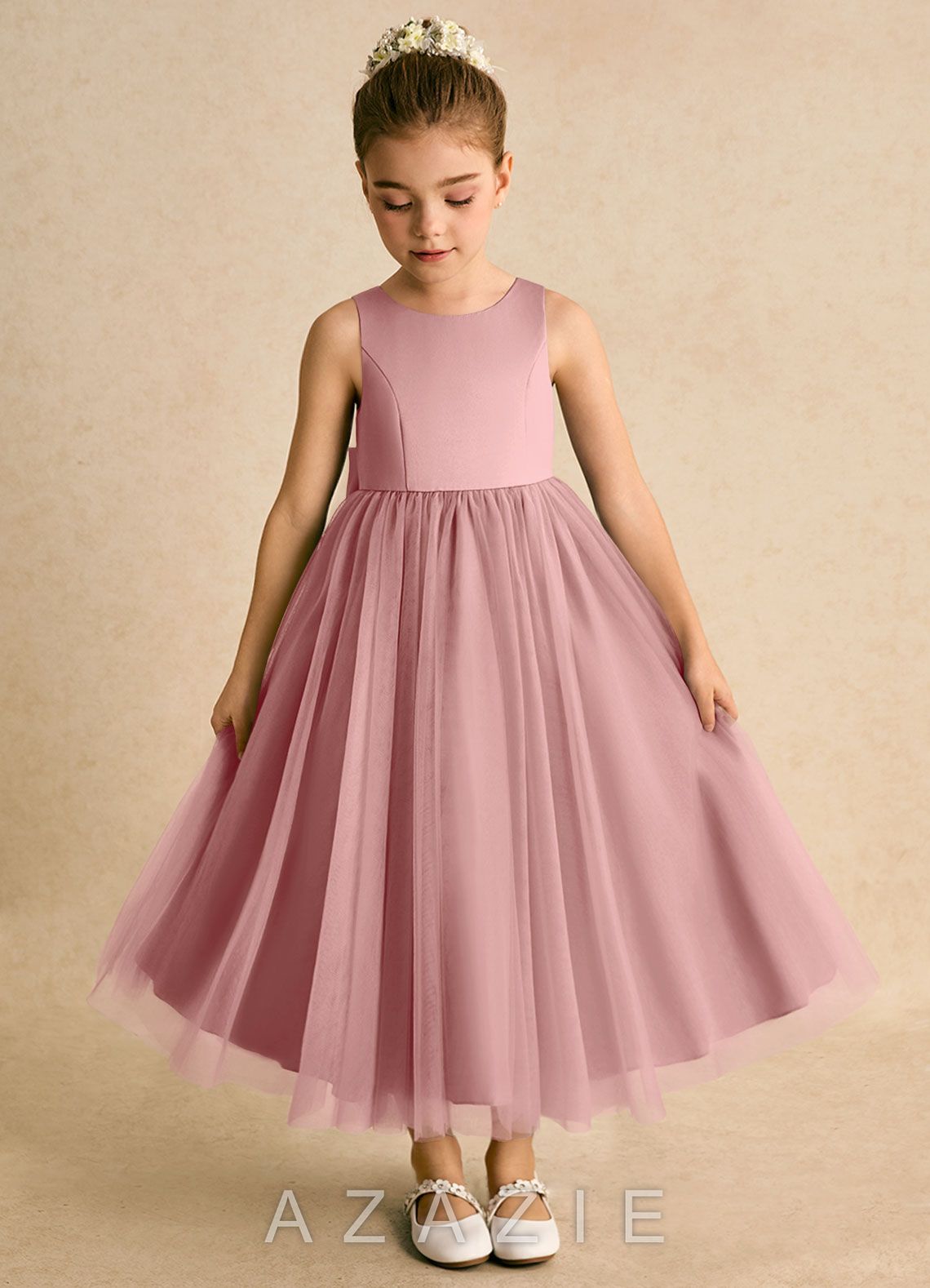 Azazie Solia Dusty Rose Ball-Gown Bow Tulle Dress dusty_rose