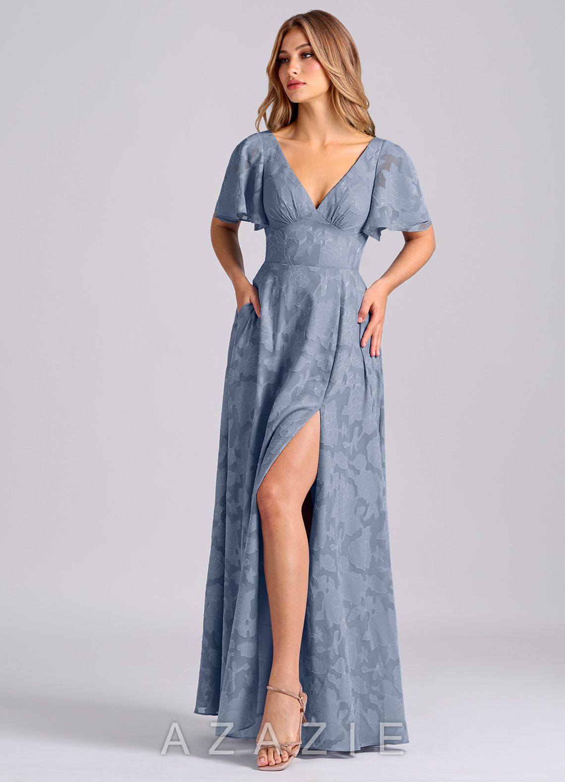 Azazie Kimber Dusty Blue A-Line with Pockets Floral Burnout Dress dusty_blue
