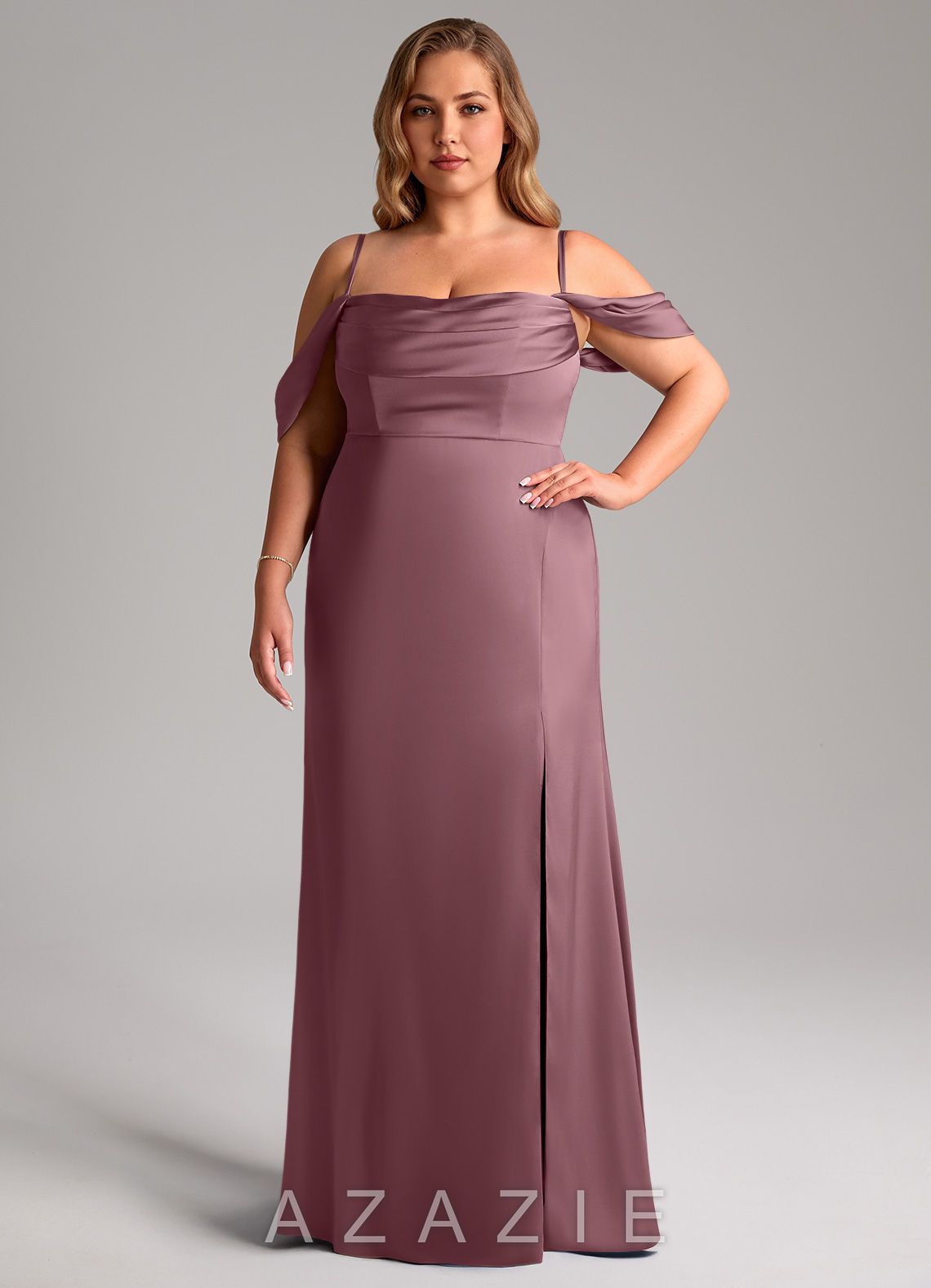 Azazie Saige Amethyst Sheath Off the Shoulder Stretch Satin Dress amethyst
