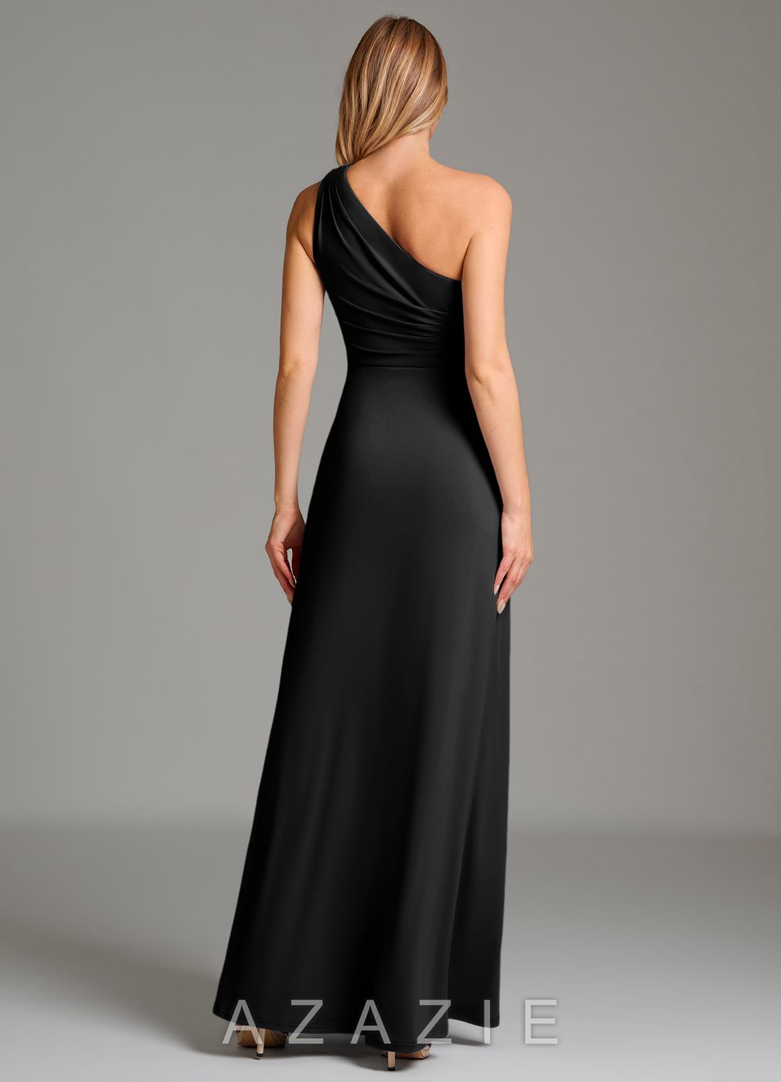 Azazie Taina Black A-Line One Shoulder Premium Stretch Jersey Dress black