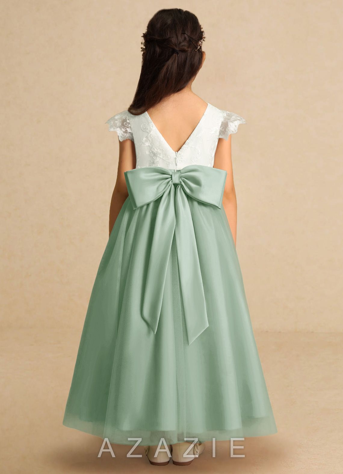 Azazie Pookie Agave A-Line Lace Tulle Dress agave