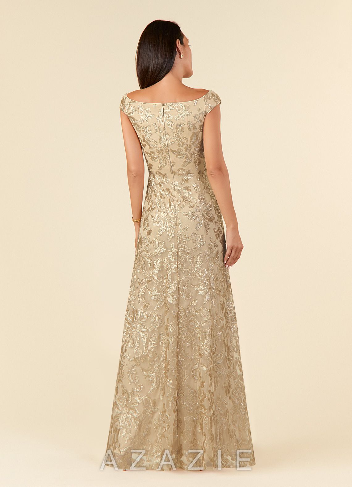 Azazie Porcelain Champagne A-Line Off the Shoulder Lace Dress champagne