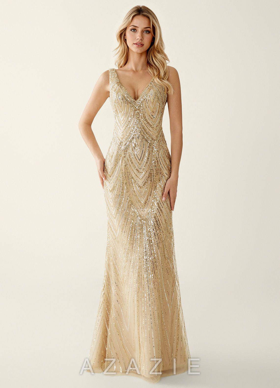 Hazelen Champagne V-Neck Sequined Lace Tulle Prom Dress  sp_champagne_#ce224