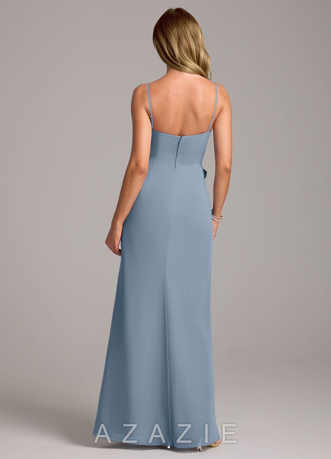 Azazie Tahlia Dusty Blue A-Line with Belt Chiffon Dress dusty_blue