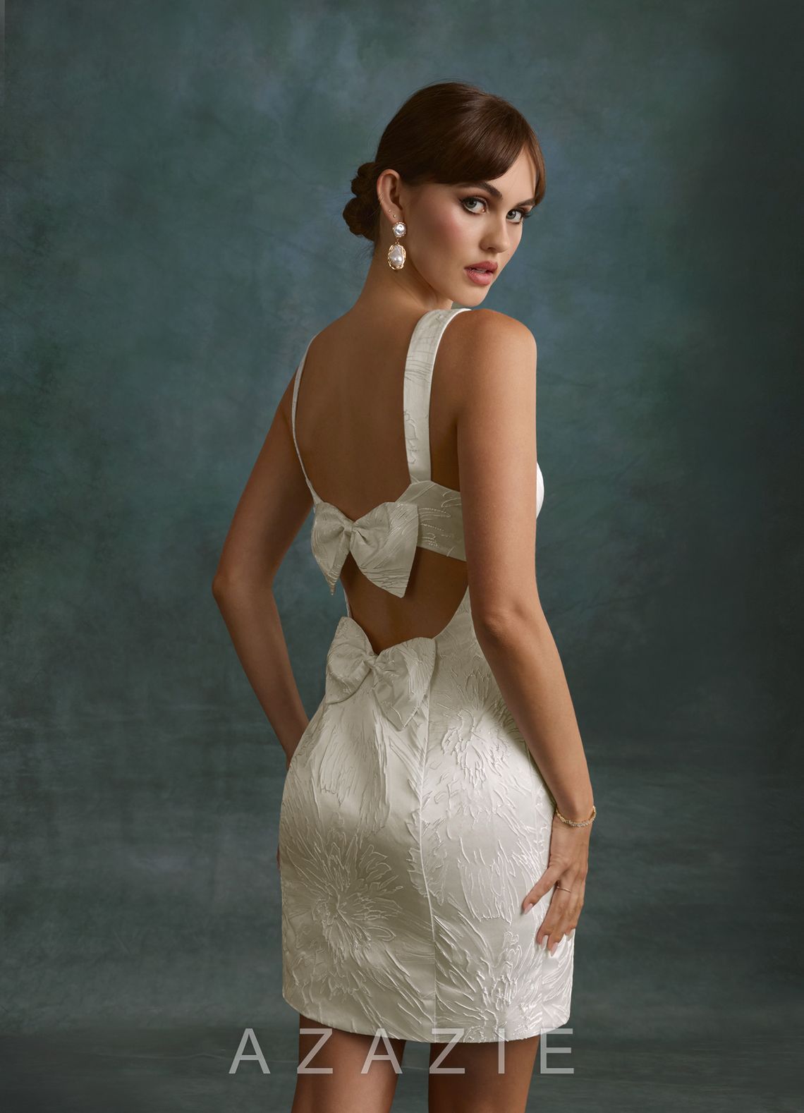 Azazie Colby Antique White Sheath Square Neckline Jacquard Dress
