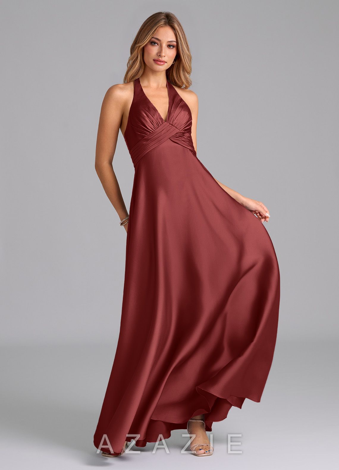 Azazie Tessie Terracotta A-Line Pleated Stretch Satin Dress terracotta