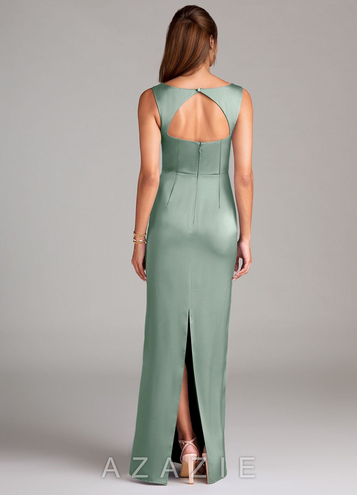 Azazie Flori Agave Sheath Side Slit Stretch Satin Dress agave