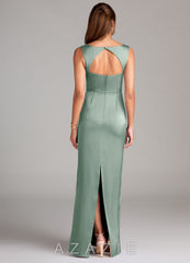 Azazie Flori Agave Sheath Side Slit Stretch Satin Dress agave