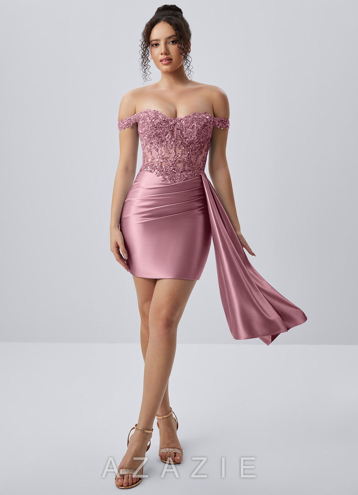 Oralien Dusty Pink Beading Sequin Embroidery Stretch Satin Ruffles Corset Lace-U