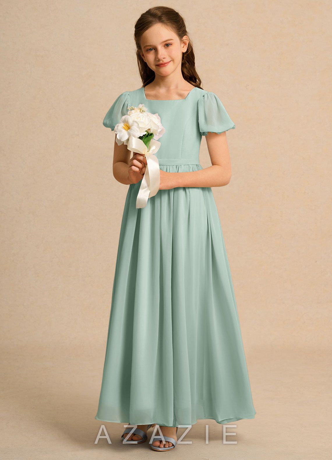 Azazie Lilia Girls Formal Agave A-Line with Sleeves Chiffon Dress agave