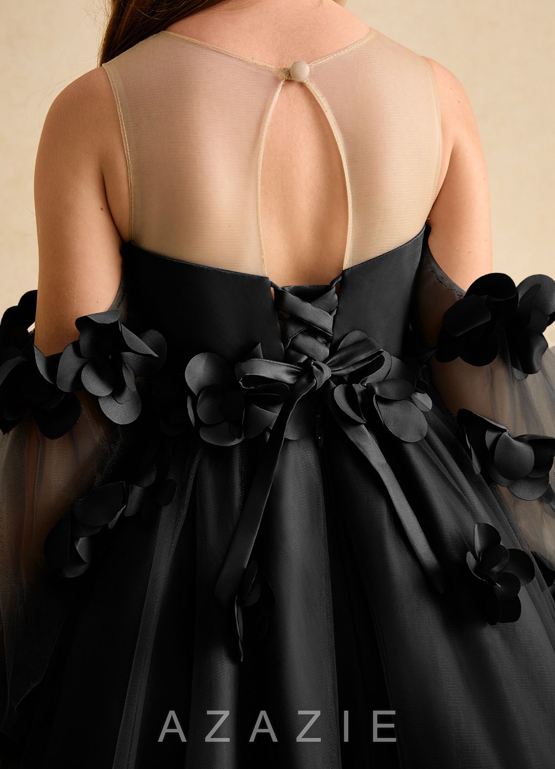 Azazie Karrie Black A-Line with Sleeves Tulle Dress black