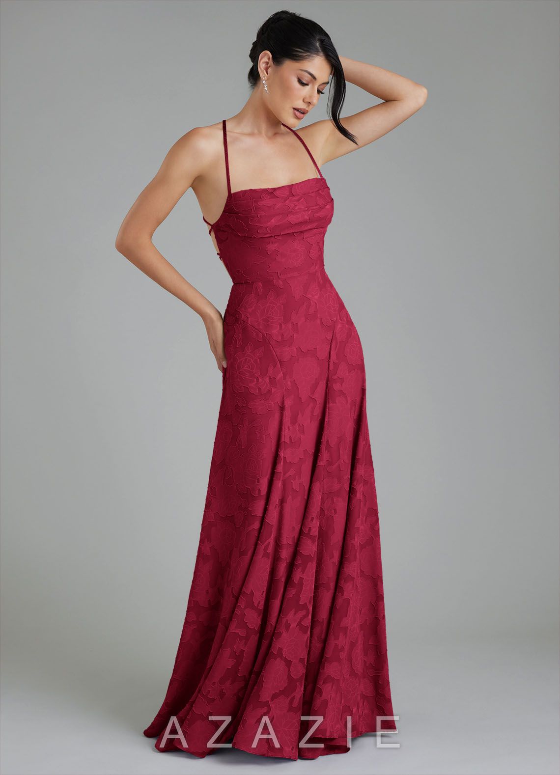 Azazie Tatum Burgundy A-Line Corset Floral Burnout Dress burgundy