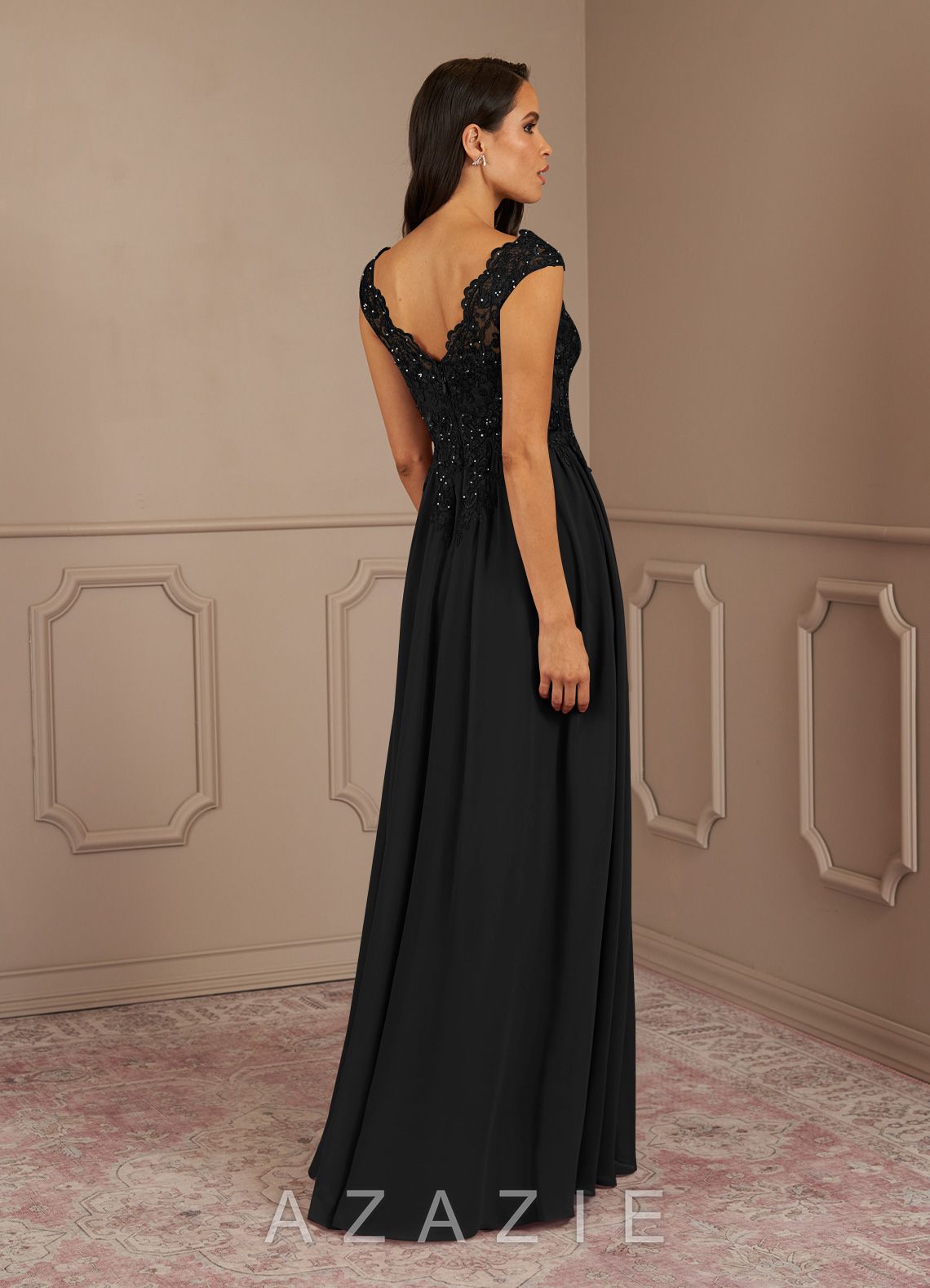 Azazie Amethyst Black A-Line V-Neck Sequins Chiffon Dress black