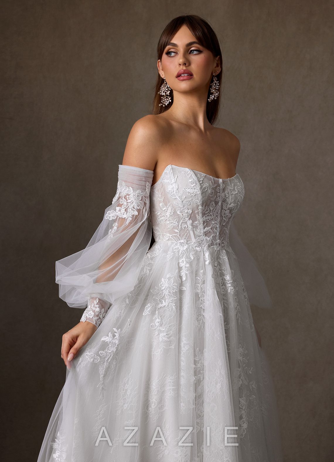 Azazie Elowyn Diamond White Ball-Gown Strapless Lace Dress diamond_white