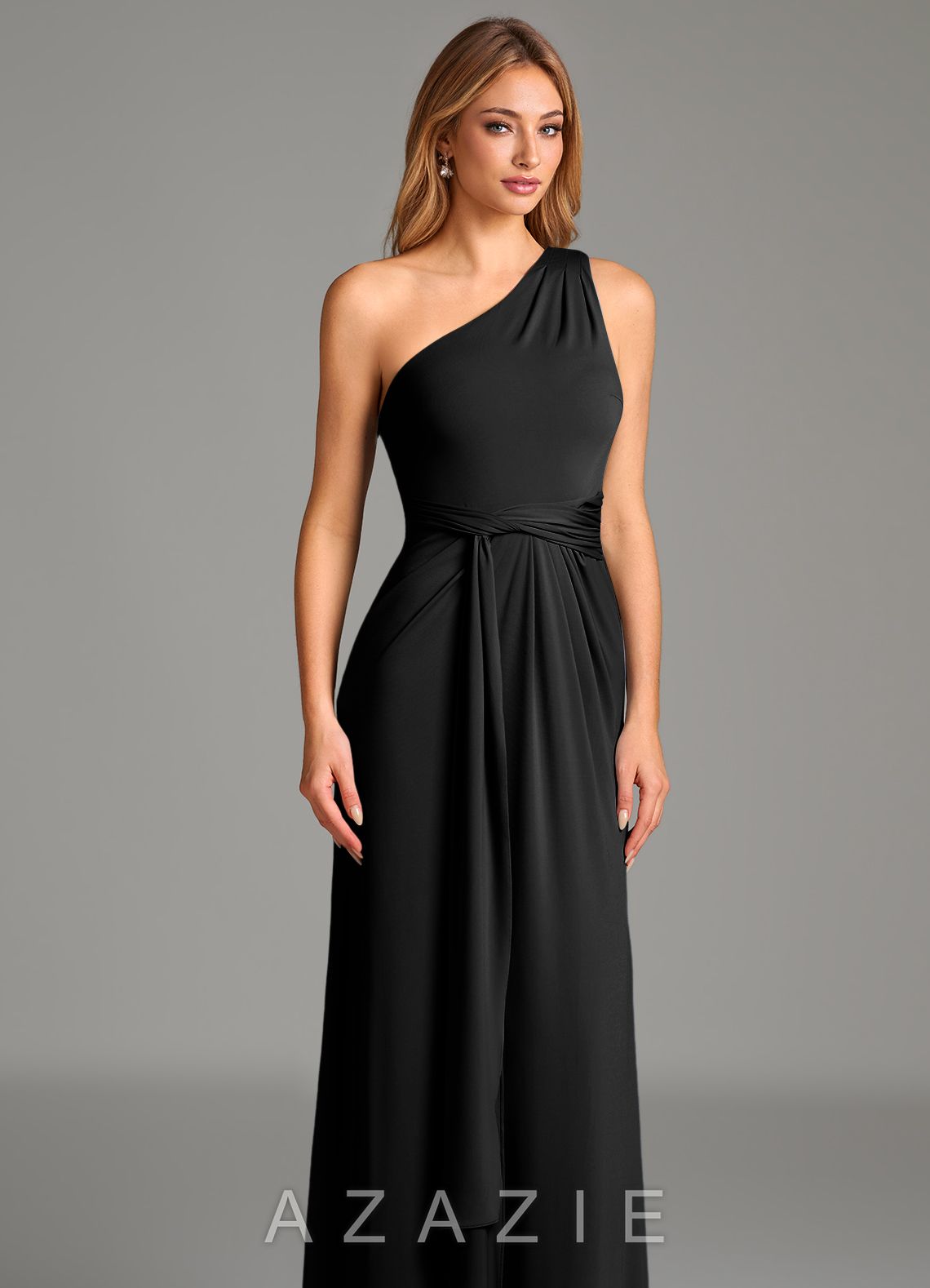 Azazie Taina Black A-Line One Shoulder Premium Stretch Jersey Dress black
