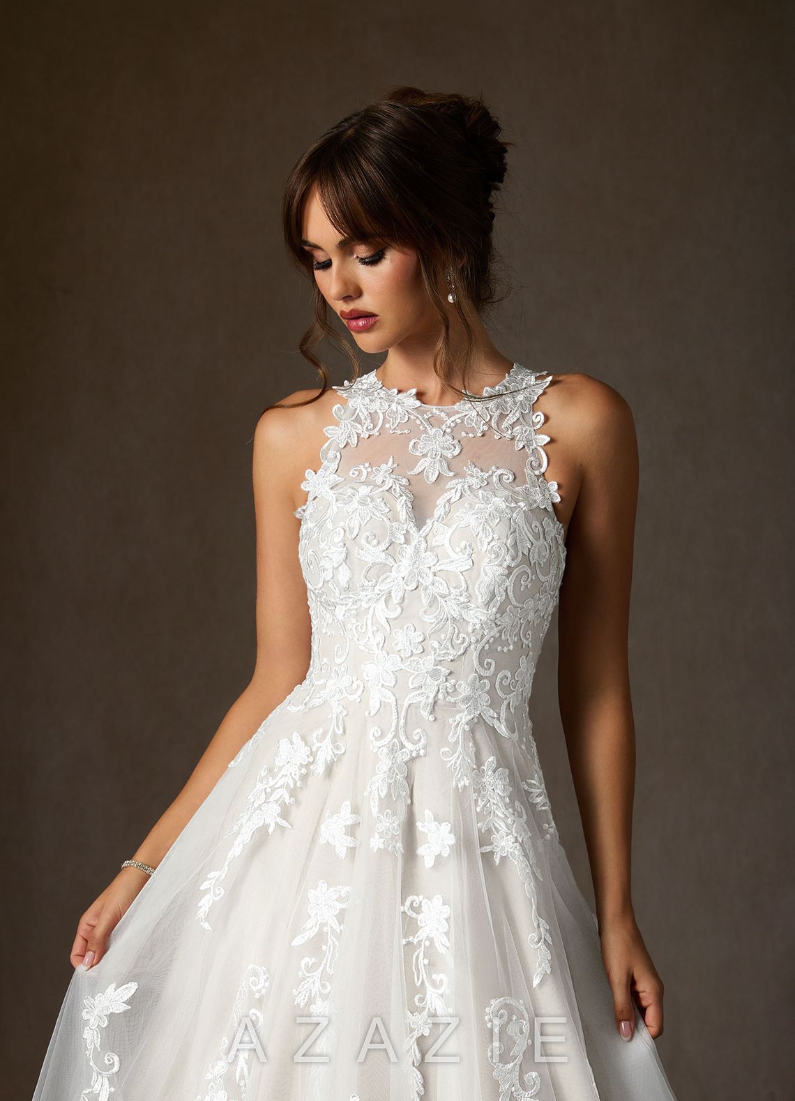 Azazie Melrose Wedding Dress Diamond White A-Line Sweetheart Lace Tulle Dress diamond_white
